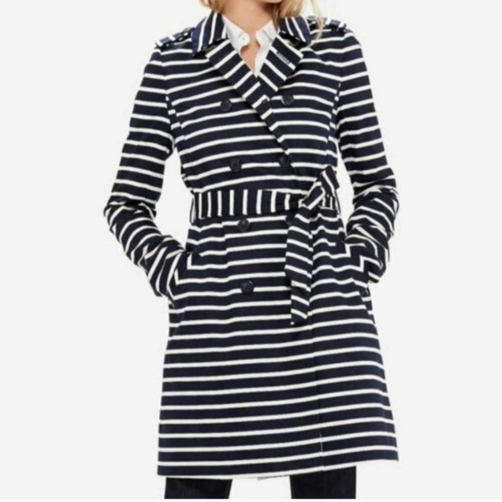 The Limited Navy White Striped Trench Coat Double Breasted Belted Jacket XS